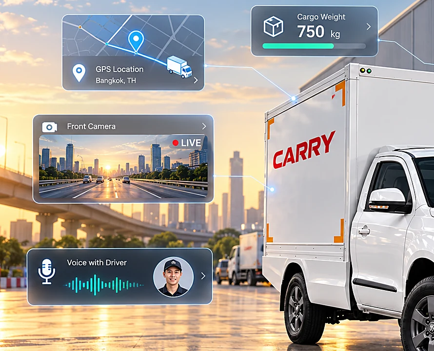 A CARRY truck with a live front-camera card and a talk-to-driver card