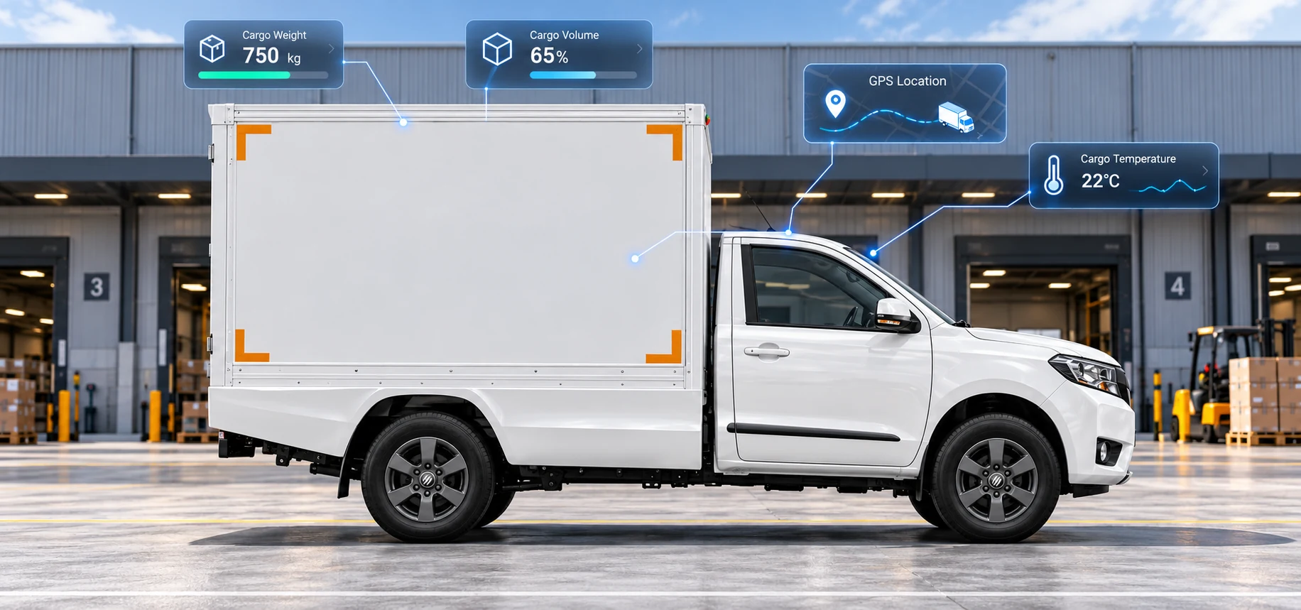 A CARRY truck side-on at a warehouse, with cards showing cargo weight, cargo space, location and temperature