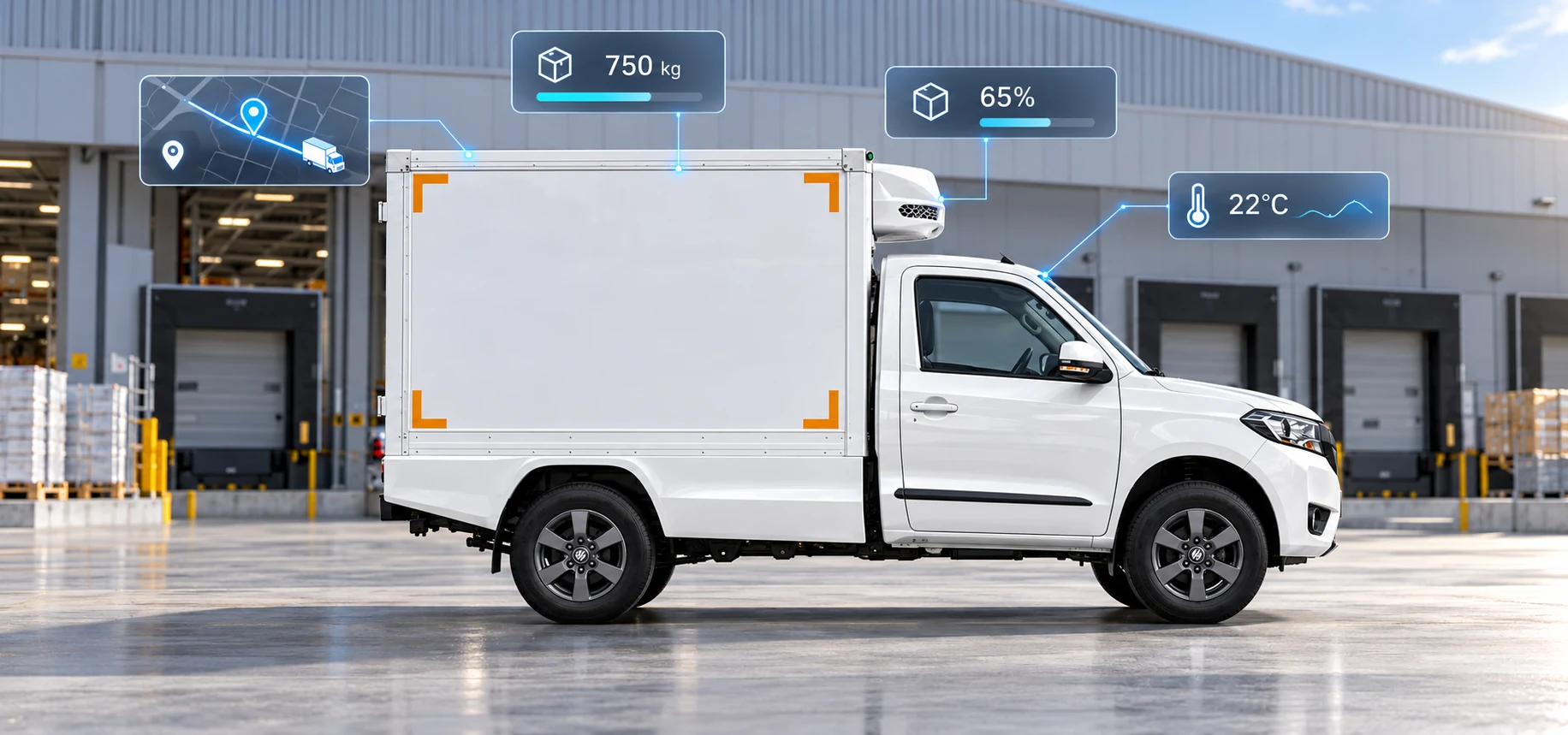 A CARRY truck side-on at a warehouse, with a card showing its location on a map