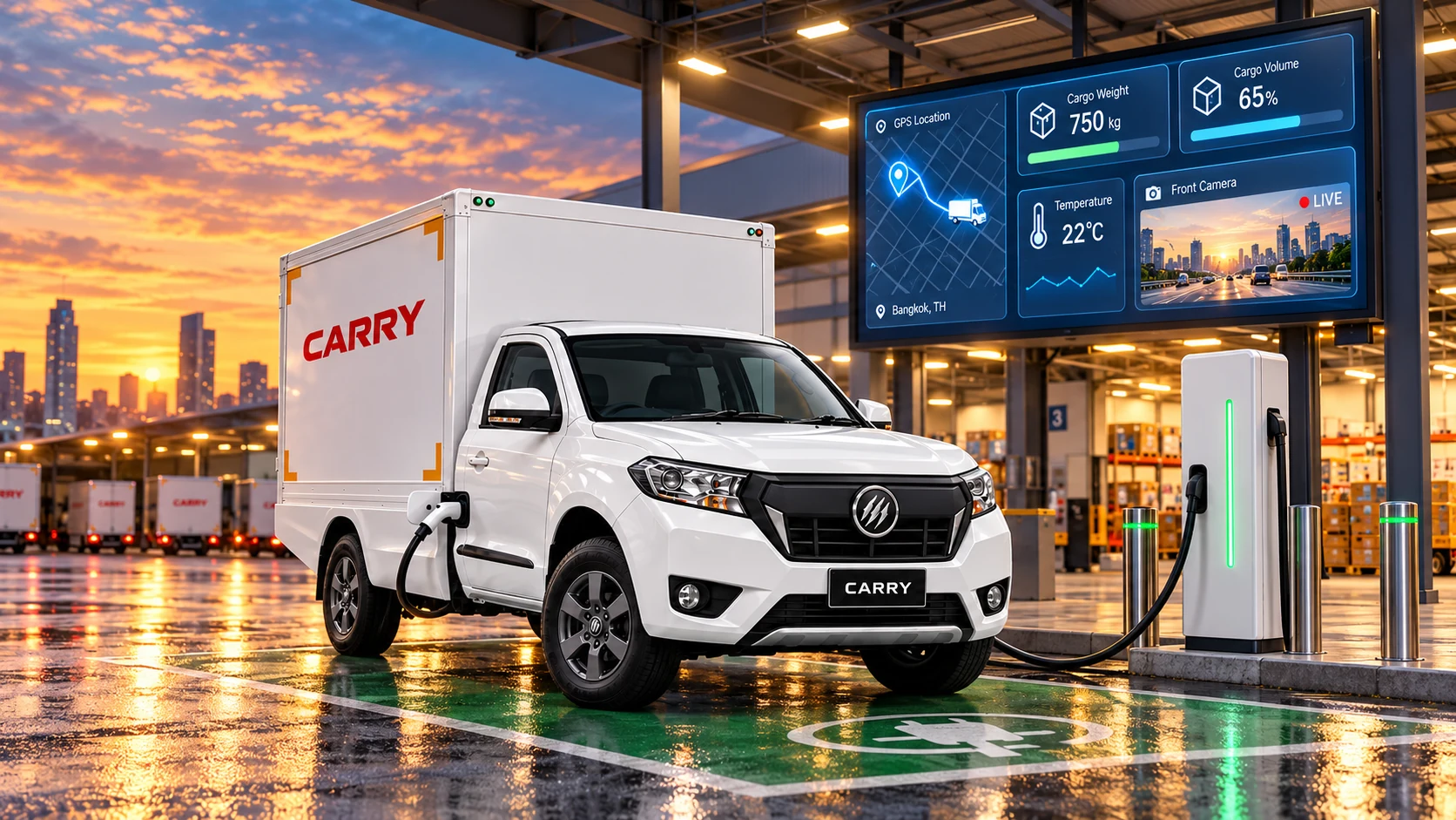 CARRY COLD plugged into a DC fast charger under a parking canopy, with towers behind