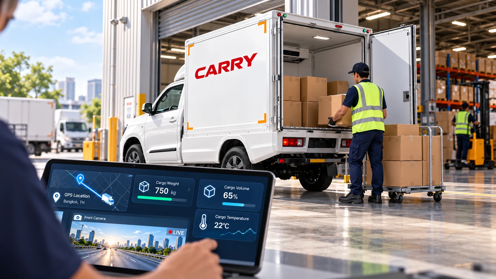 A supervisor checks a CARRY truck on a tablet while a worker loads cartons at a warehouse door