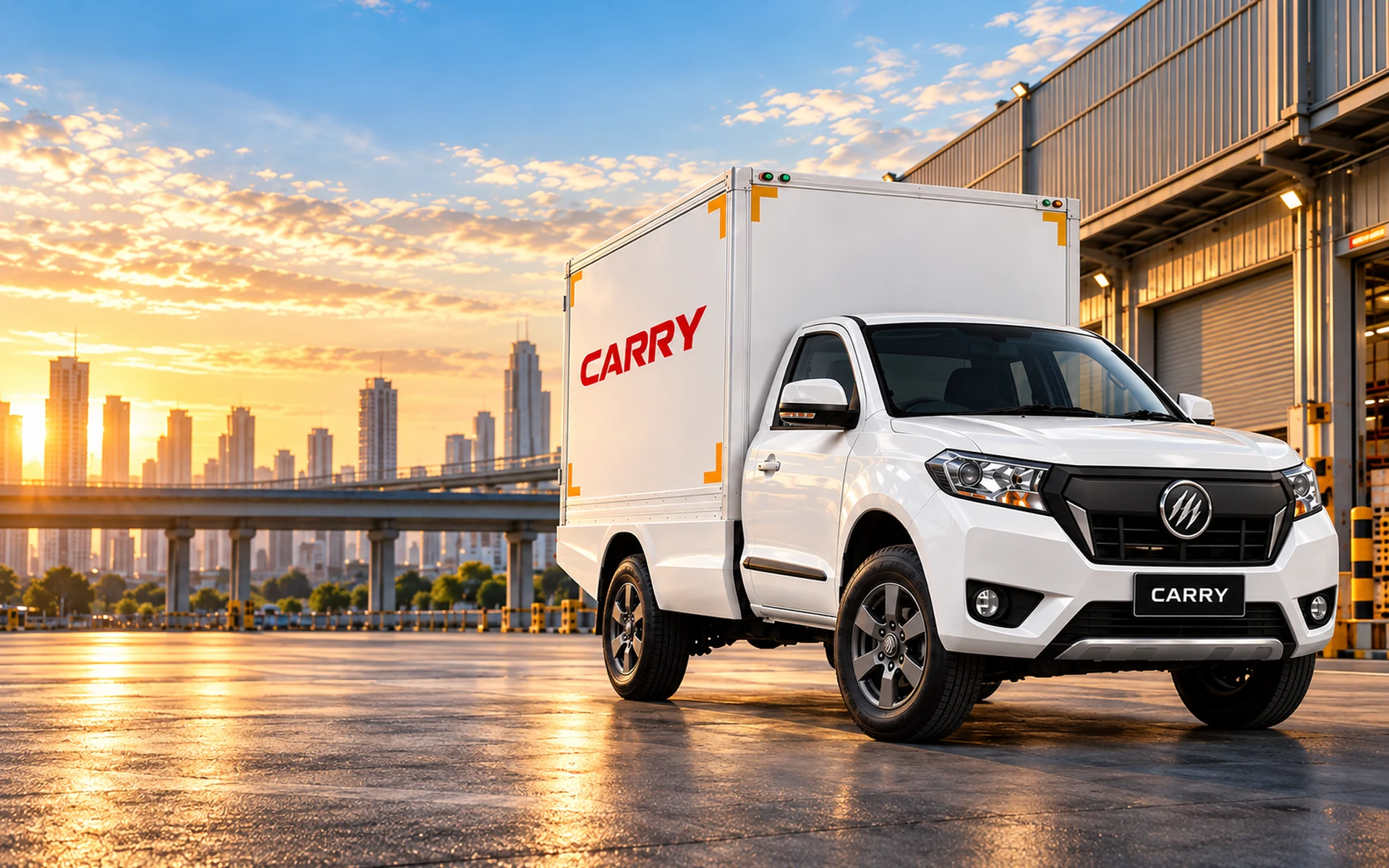 CARRY DRY with a dry box, front three-quarter view at a warehouse yard in the morning