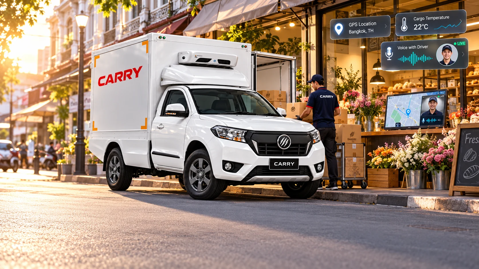 CARRY AIR with its rear doors open outside a flower shop, crates of flowers inside