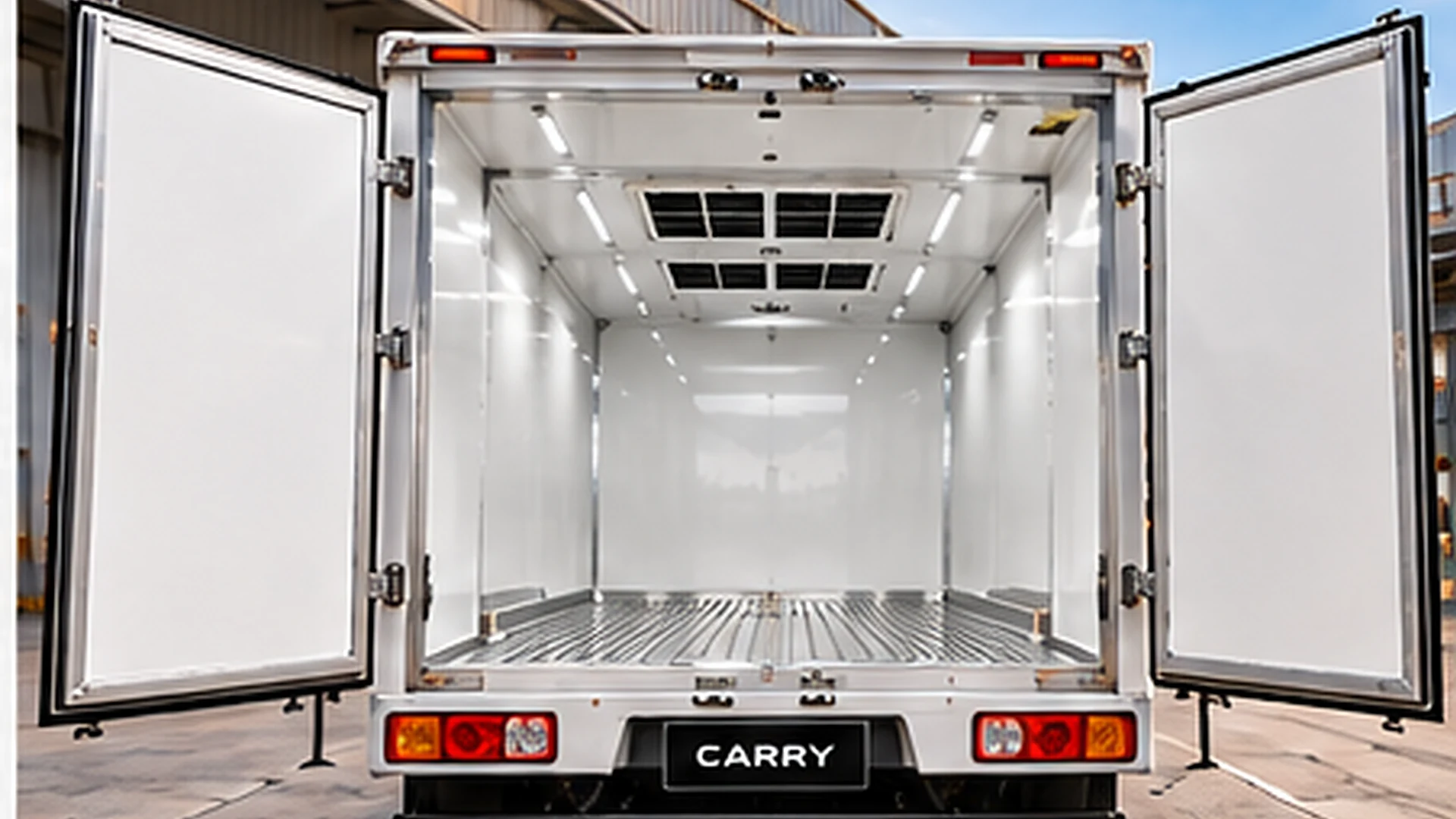 Inside the CARRY COLD box with both rear doors open: white walls and interior lights